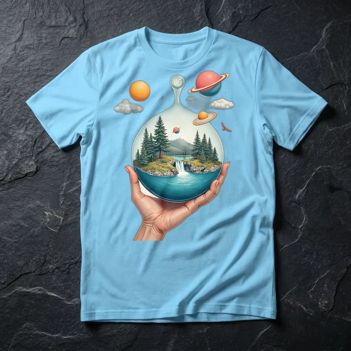 Orbit Garden printed on a sky t-shirt