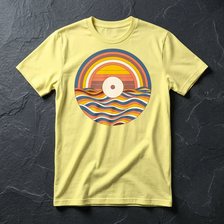 Vinyl Tide printed on a yellow haze t-shirt