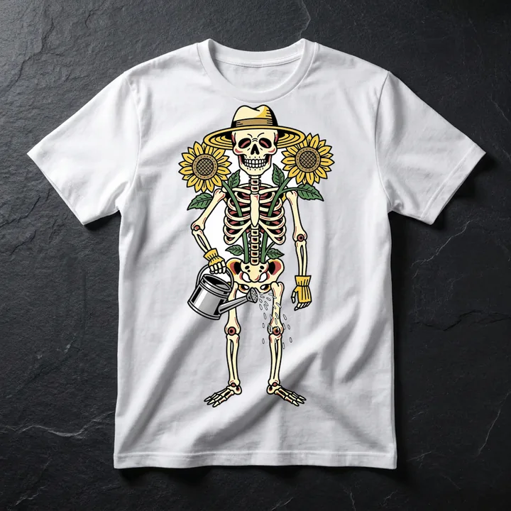 Sunflower Gardener printed on a white t-shirt