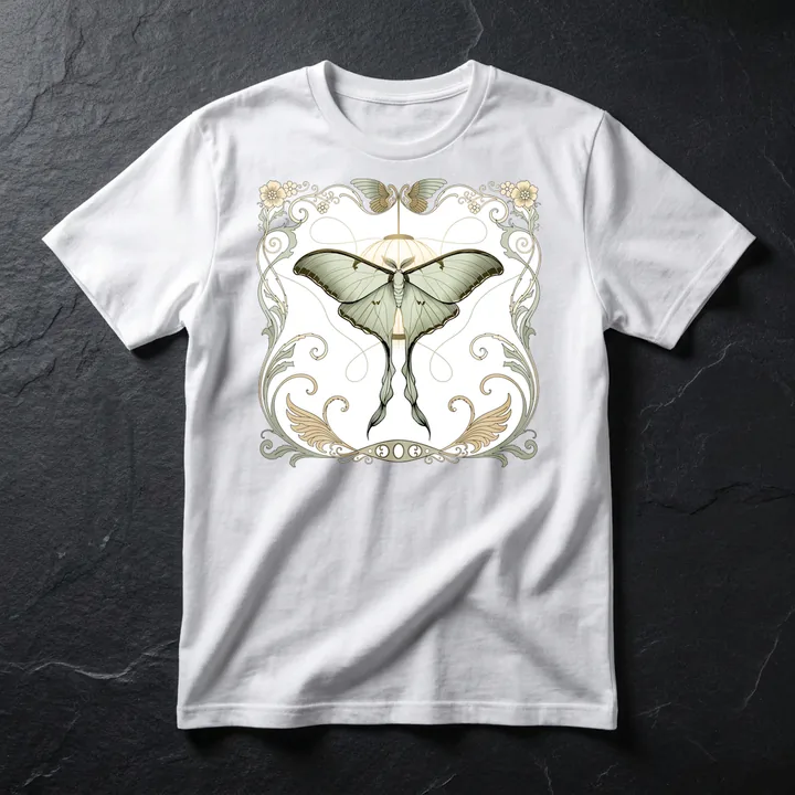 Moth Lantern printed on a white t-shirt