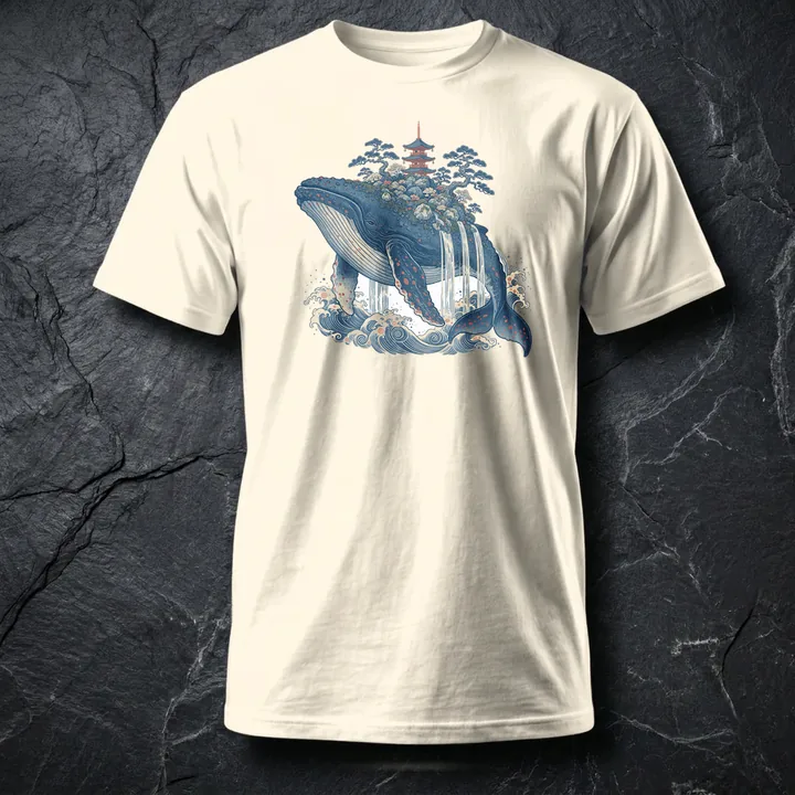 Whale Garden printed on a natural t-shirt