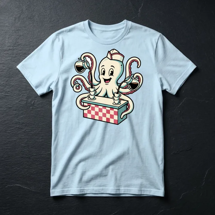 Eight Espressos printed on a light blue t-shirt