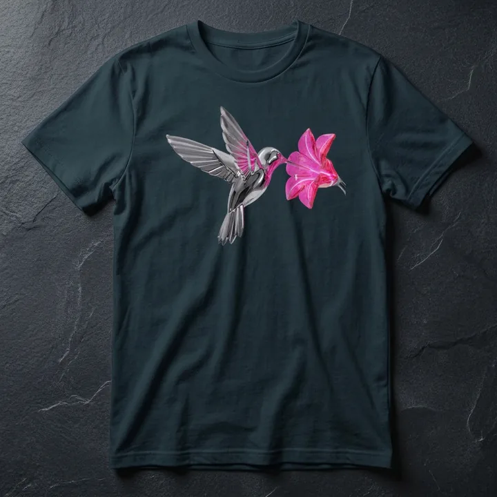 Chrome Hummingbird printed on a navy t-shirt