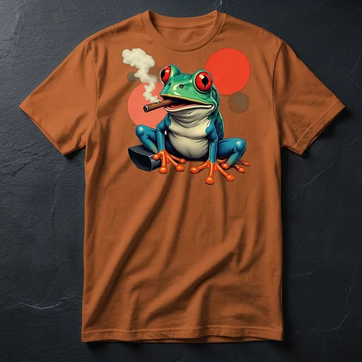 Cigar Frog printed on a brown savana t-shirt