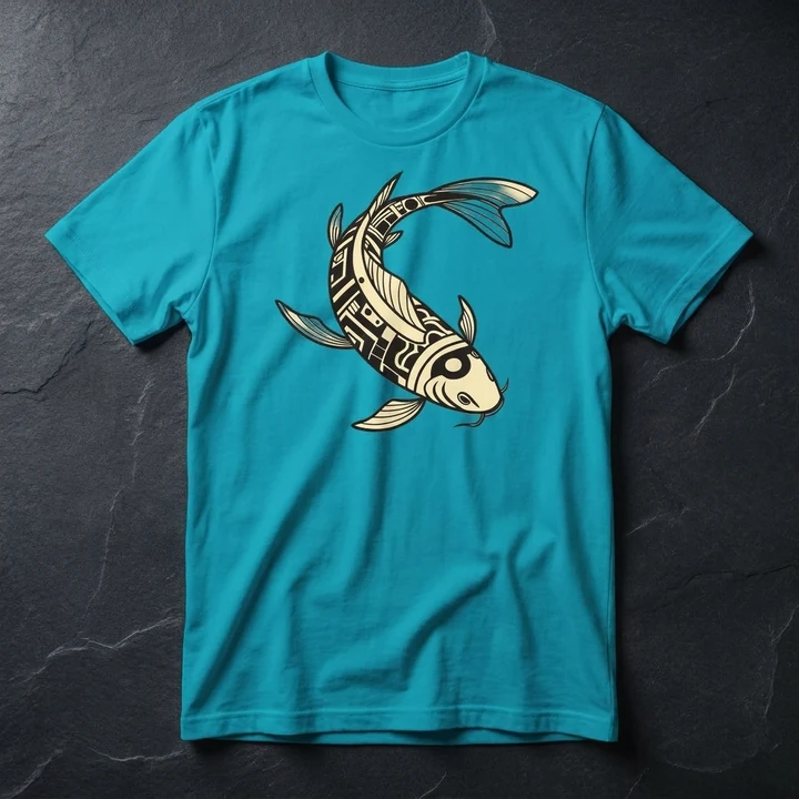 Koi Circuit printed on a tropical blue t-shirt