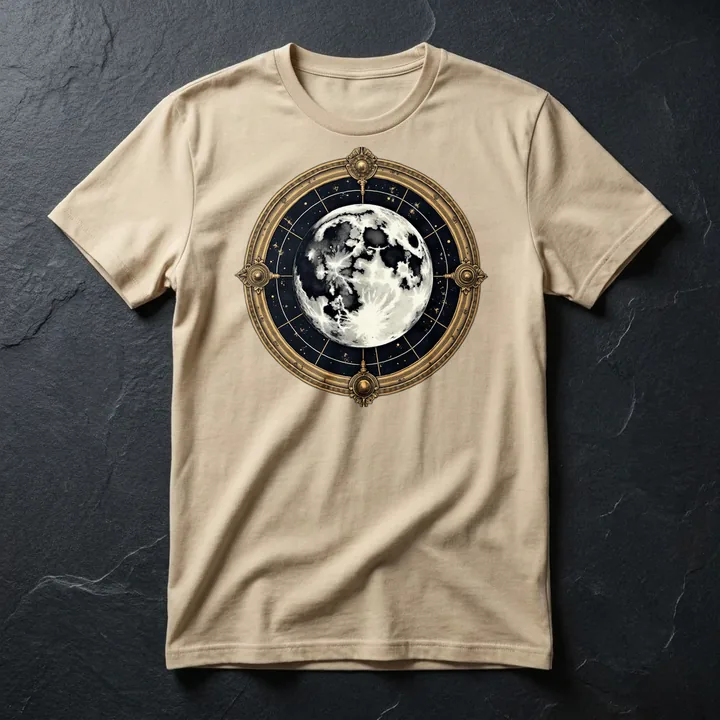 Lunar Cartographer printed on a sand t-shirt