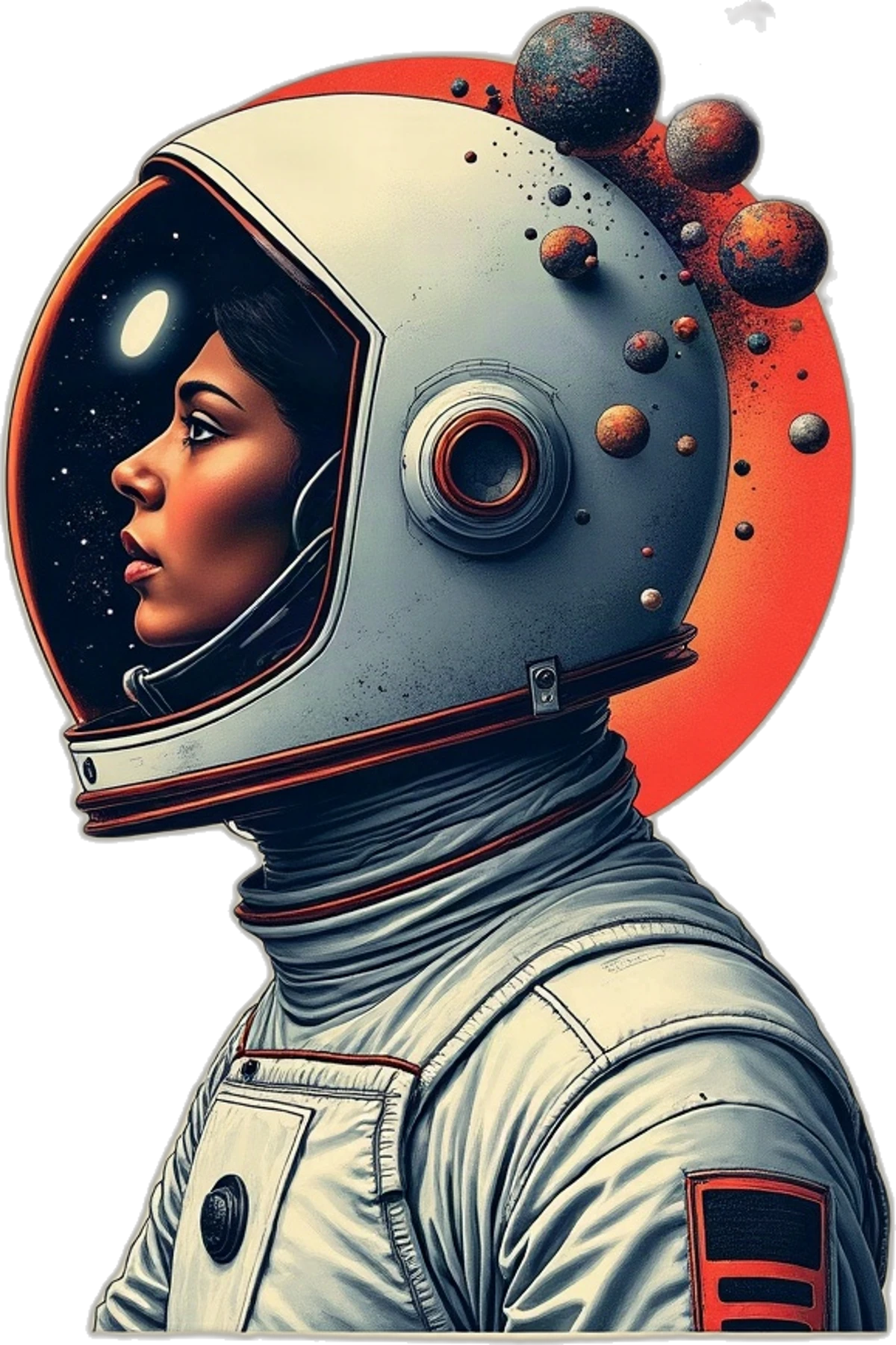 Surreal artwork of an astronaut in profile, a galaxy inside the visor and planets floating from the helmet, made from that prompt