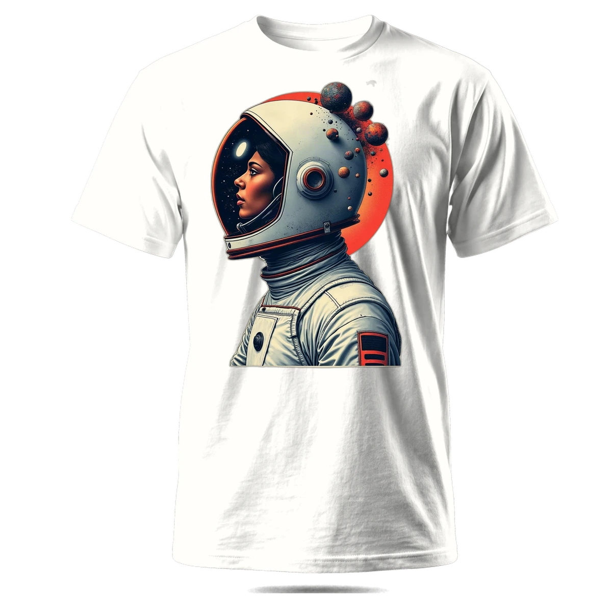 The astronaut artwork printed across the chest of a white t-shirt