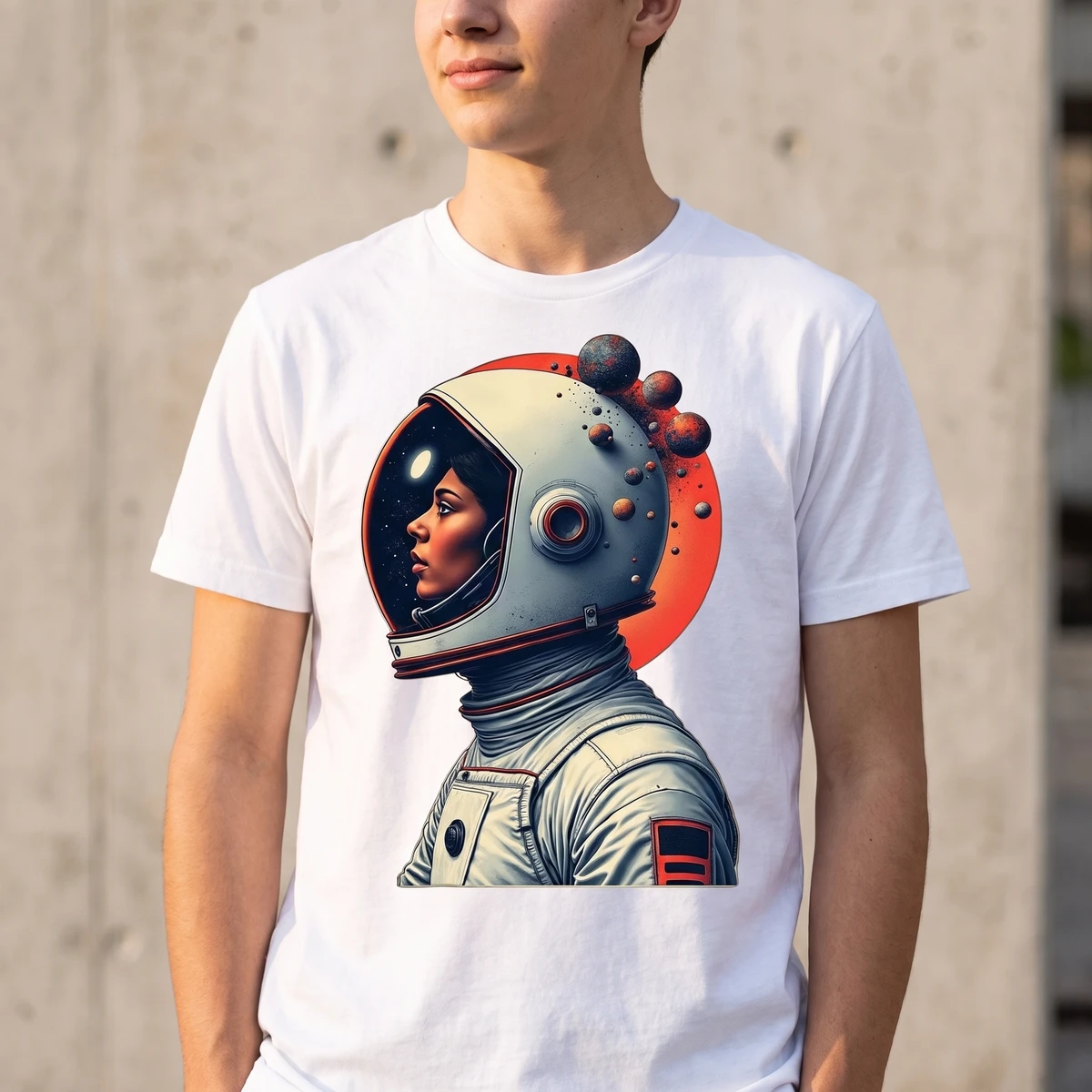 Someone wearing the finished t-shirt with the astronaut print