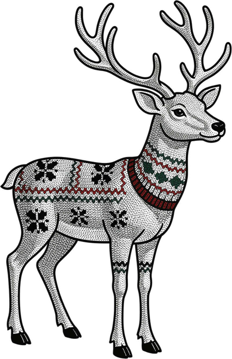 The artwork that prompt produced: A reindeer in a knitted jumper pattern