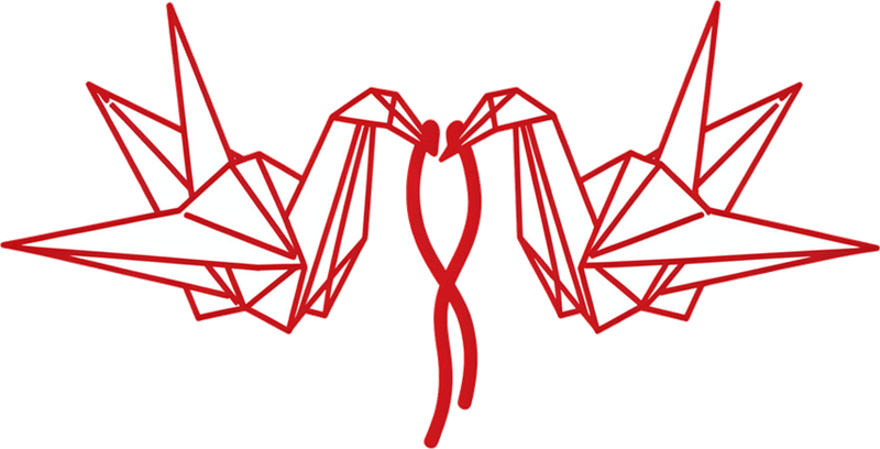 The artwork that prompt produced: Two origami cranes facing each other, joined by one red thread